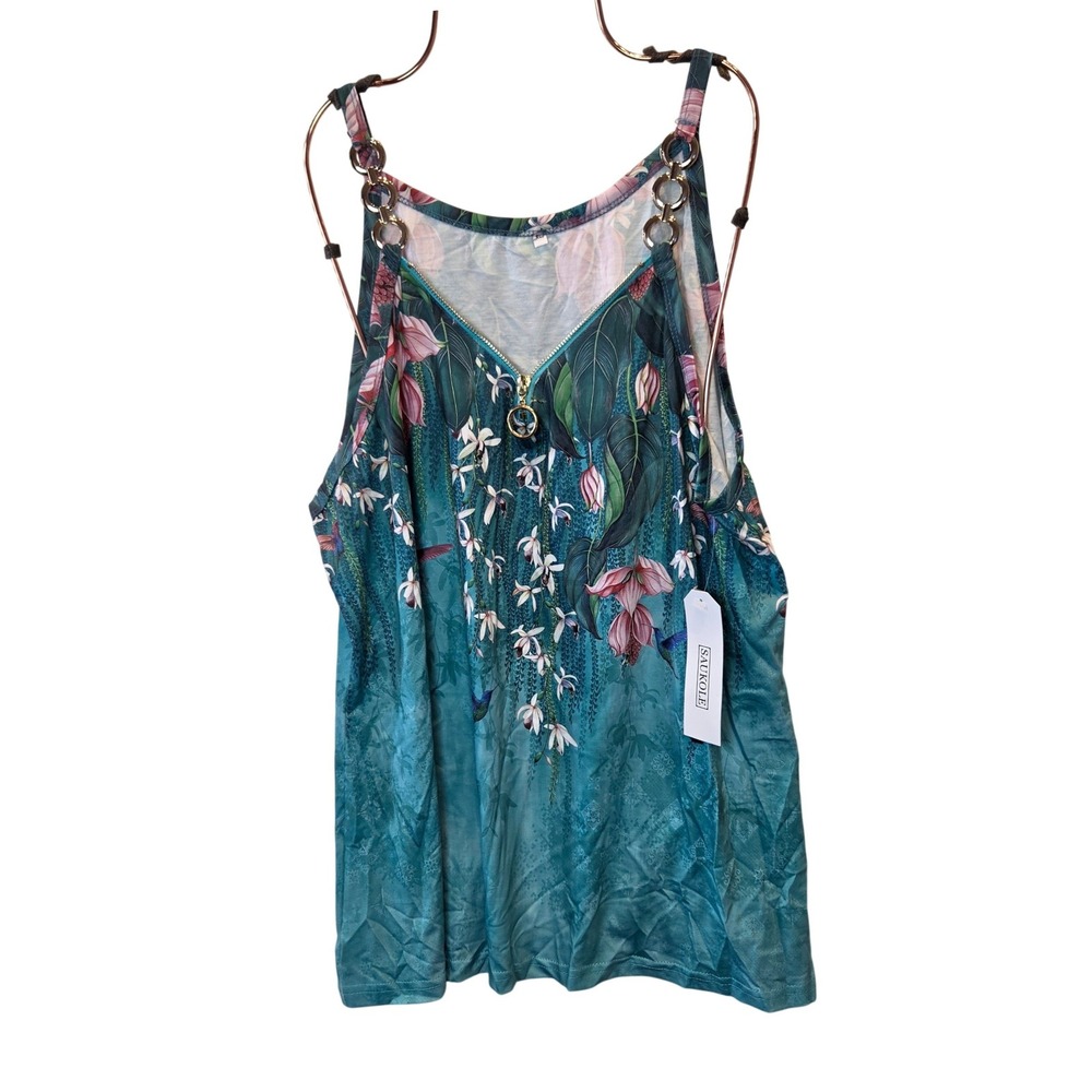 Saukole Tank Top Women XL Green Floral Zipper Chain Strap Tropical Boho NWT‎